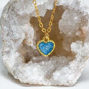 3/$20 14k Gold Royal Blue Glitter Resin Heart Charm Handmade Pendant Necklace